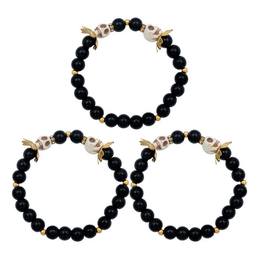 3 Piezas Pulsera Craneo Santa Muerte Flor Artesanal Unisex Negro 6 Cm 20 Cm