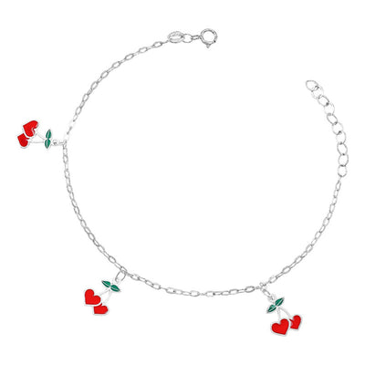 Pulsera Ajustable Plata 925 3 Charm Cereza Corazón Esmaltada Rojo 21 Cm