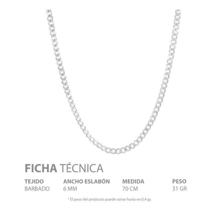 Cadena Cubana Diamantada Barbada Hombre Plata925 70cm X 6mm Plateado
