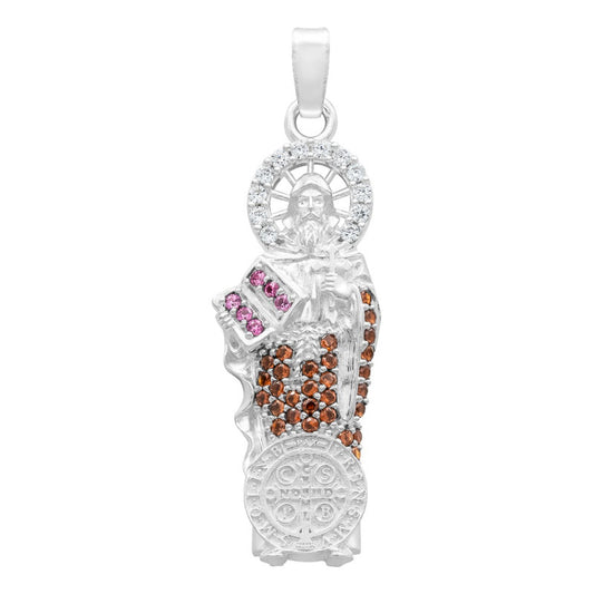 Dije Medalla San Benito Chico Protección Zirconias Plata 925 Café