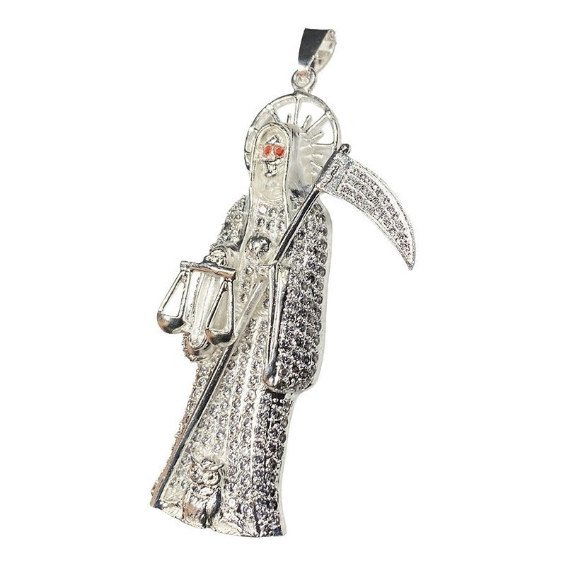 Dije Medalla Gigante Santa Muerte Con Zirconias En Plata 925
