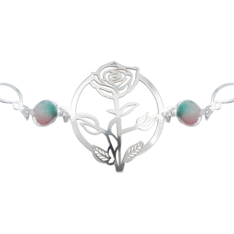 Pulsera Flores Rosa Piedra Natural Cuarzo Mujer Plata 925