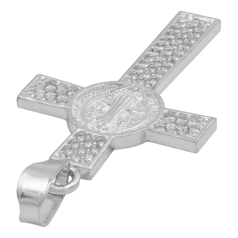 Dije Cruz De San Benito Doble Vista Con Zirconias En Plata 925 | Medalla Religiosa Detallada Y Pulida | 3.9 Cm | Ideal Para Uso Diario, Ceremonias Y Regalos