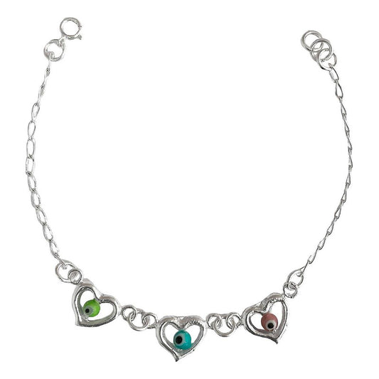 Pulsera Ajustable Corazón Ojo Turco Amor Dama Plata Ley 925 Multicolor 6 Cm 18 Cm Largo / Ancho 18 Cm X 2 Mm