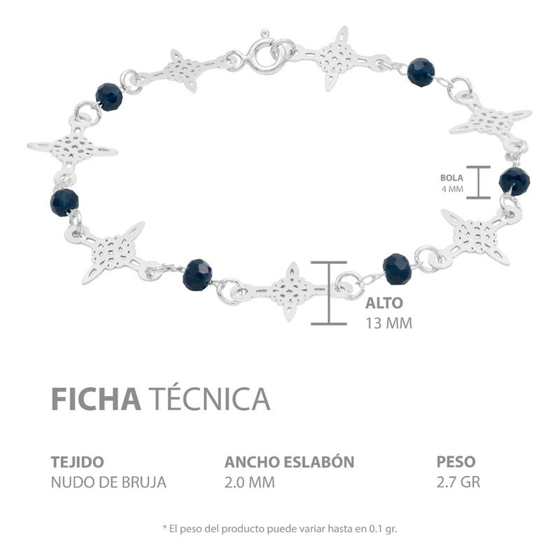Pulsera Nudo De Bruja Laser Cristales Regalo Mujer Plata 925 Azul Marino 19 Cm