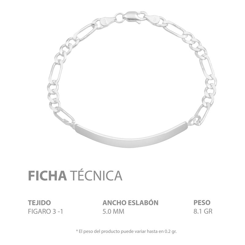 Esclava Placa Gruesa Figaro Diamantada Hombre Plata 925 5 Mm