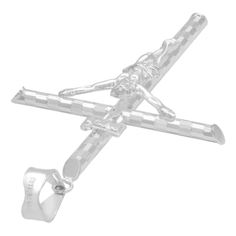 Dije Cruz Tubular Diamantado Ajedrez Cristo Plata 925 7 Cm Plateado