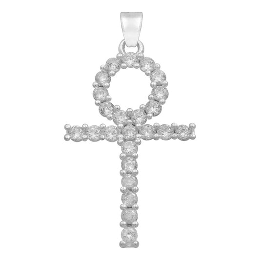 Dije Cruz Egipcia Zirconias Hombre Mujer Plata Ley 925 3.3cm Blanco