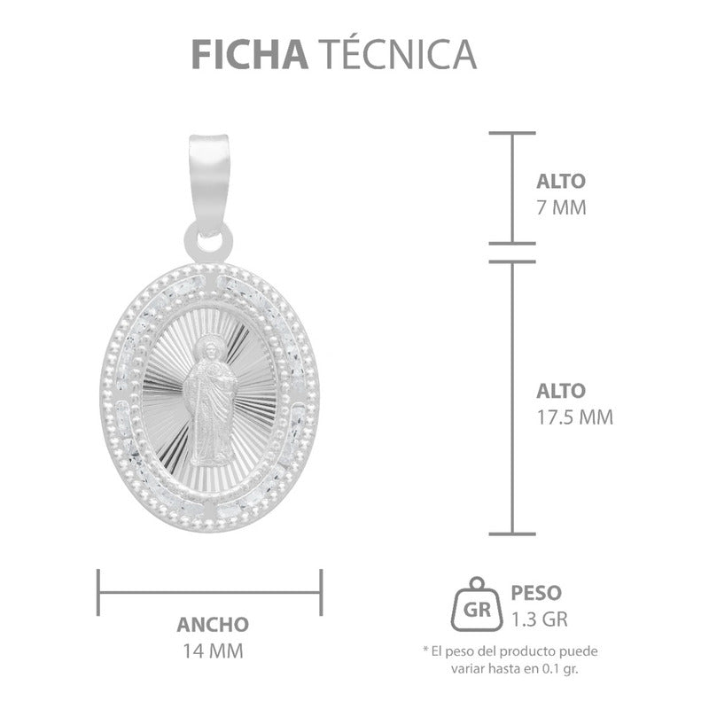 Dije Medalla Oval San Judas Zirconias Plata 925 1.4 Cm Blanco