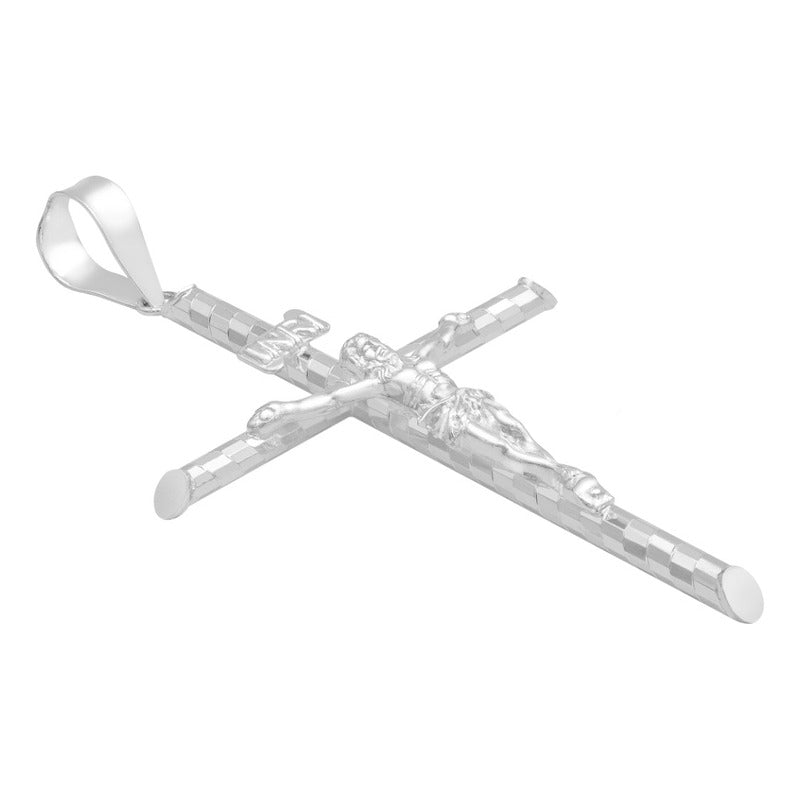 Dije Cruz Tubular Diamantado Ajedrez Cristo Plata 925 7 Cm Plateado