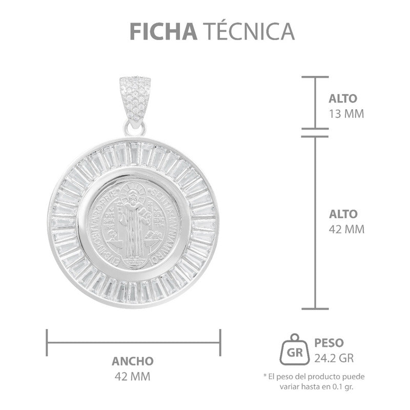 Dije Medalla San Benito Bisel Zirconias Baguette Plata 925 Blanco