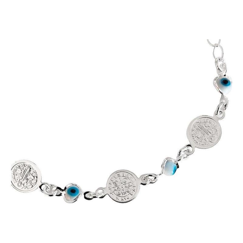 Pulsera Ajustable Con Medallas De San Benito Plata Ley S925