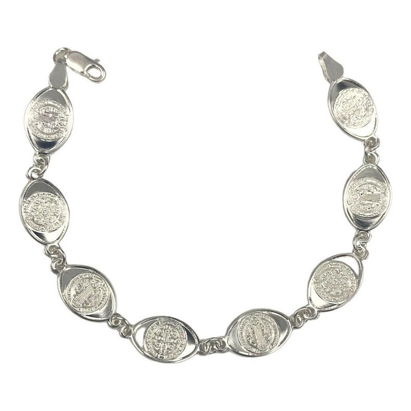 Pulsera San Benito Pequeña Medalla Plata Pura Solida Ley 925