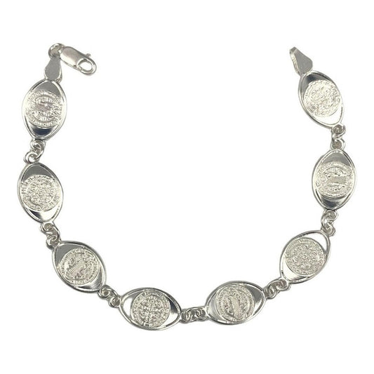 Pulsera San Benito Pequeña Medalla Plata Pura Solida Ley 925