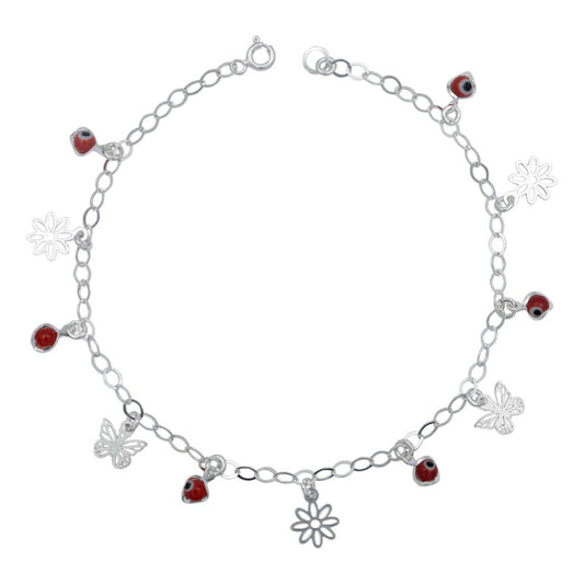 Tobillera Flor Mariposa Ojo Turco Mujer Regalo Plata 925 Rojo 6 Cm 25 Cm