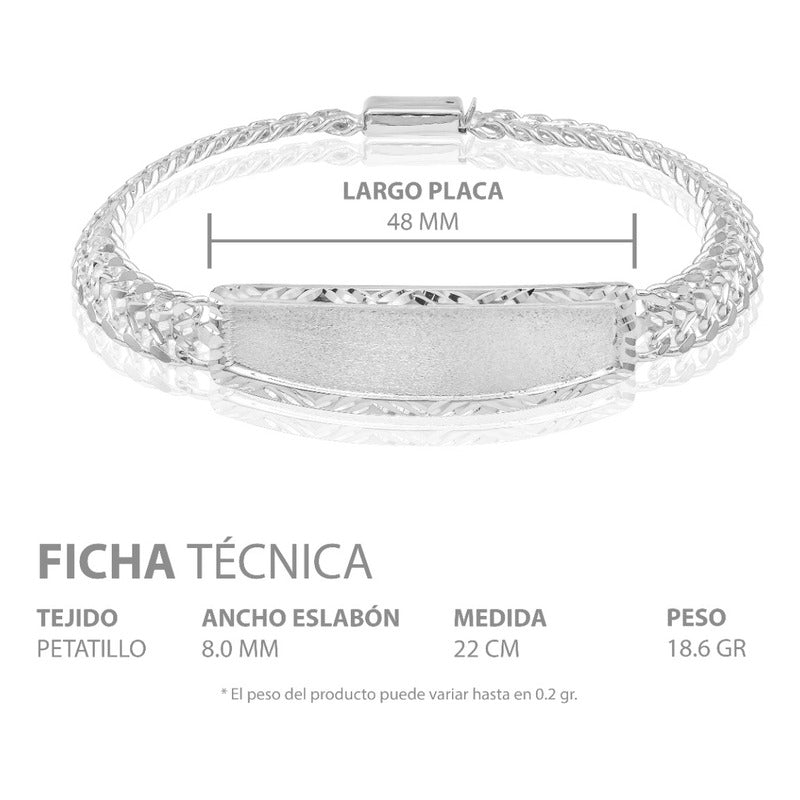 Joyaris Esclava Petatillo Placa Diamantada Plata 925 Hombre Plateado 22 Cm