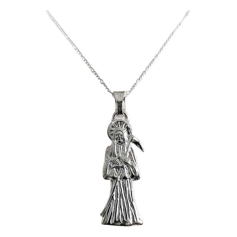 Collar Medalla Mediano Santa Muerte Hueco Plano Plata S925
