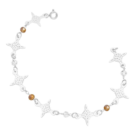 Pulsera Nudo De Bruja Laser Cristales Regalo Mujer Plata 925 Café Blanco 19 Cm