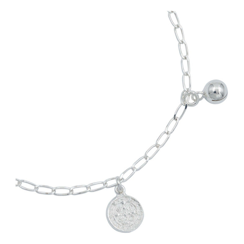 Pulsera San Benito Medalla Doble Vista Cascabel Plata 925