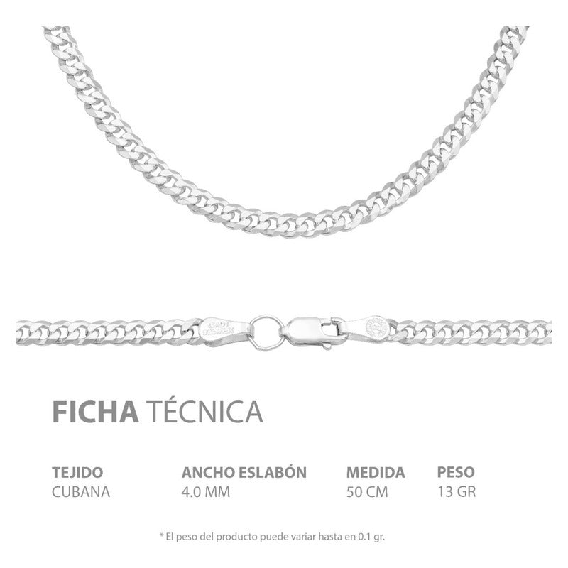 Cadena Cubana Cerrada Lisa Hombre Mujer Plata 925 50cm X 4mm Plateado