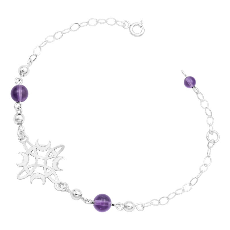Pulsera Ajustable Nudo De Bruja Fases Lunes Bolas Plata 925 Morado 6 Cm 20 Cm