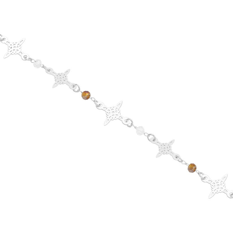 Pulsera Nudo De Bruja Laser Cristales Regalo Mujer Plata 925 Café Blanco 19 Cm