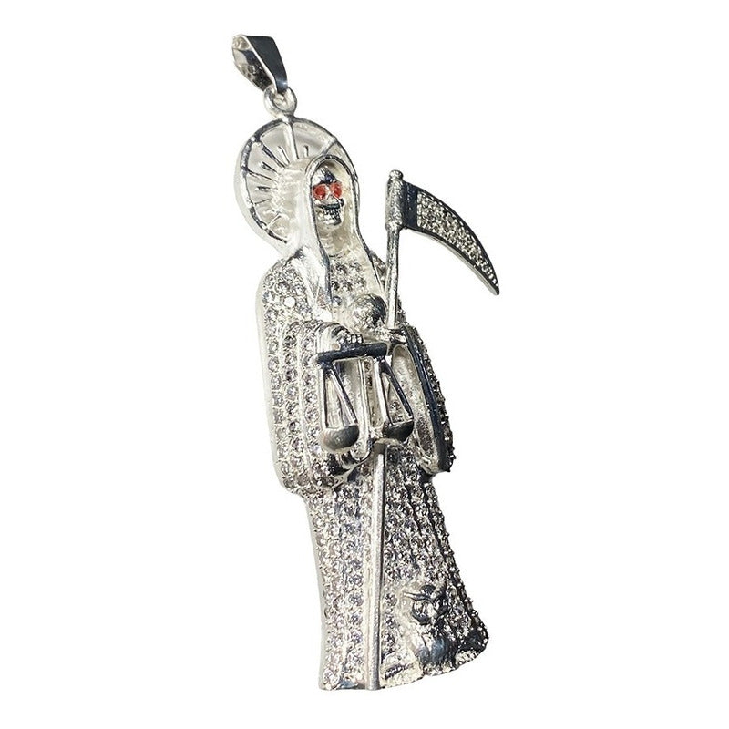Dije Medalla Gigante Santa Muerte Con Zirconias En Plata 925