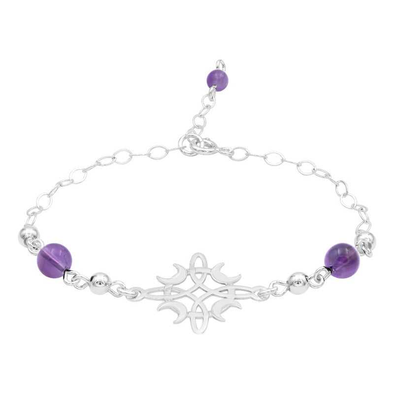 Pulsera Ajustable Nudo De Bruja Fases Lunes Bolas Plata 925 Morado 6 Cm 20 Cm