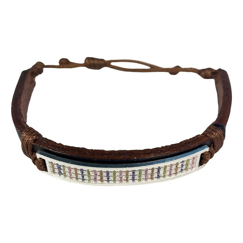 Pulsera Ajustable Unisex De Cuero Con Zirconias En Plata 925