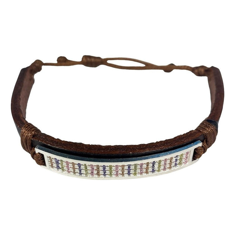 Pulsera Ajustable Unisex De Cuero Con Zirconias En Plata 925