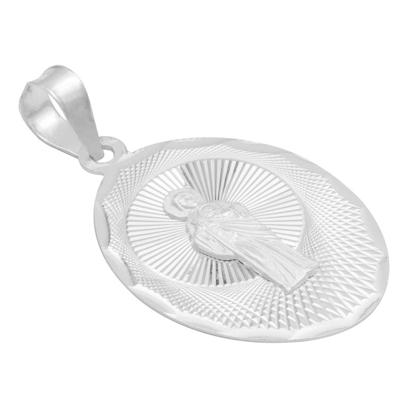 Dije Medalla Ovalada Diamantada San Judas Plata 925 2.2 Cm Plateado