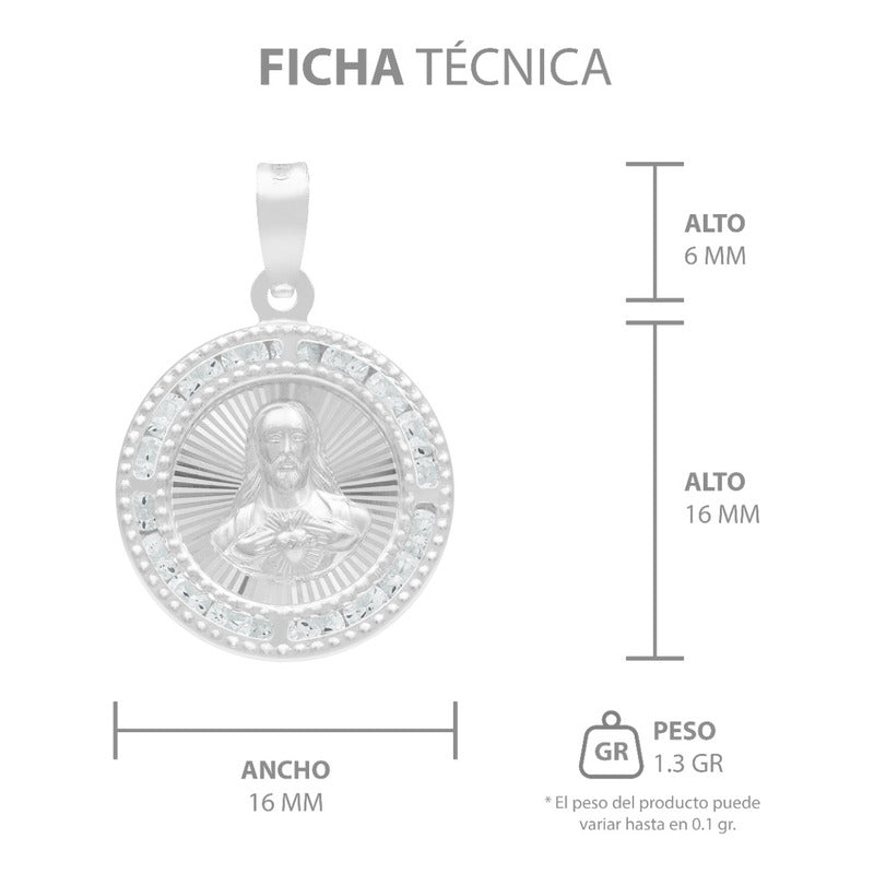 Dije Medalla Sagrado Corazón Zirconias Plata 925 1.6 Cm Blanco