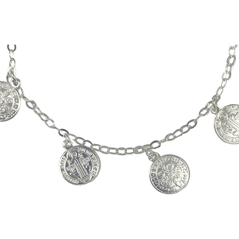Pulsera Ajustable San Benito Pequeña Medallas Plata Ley 925