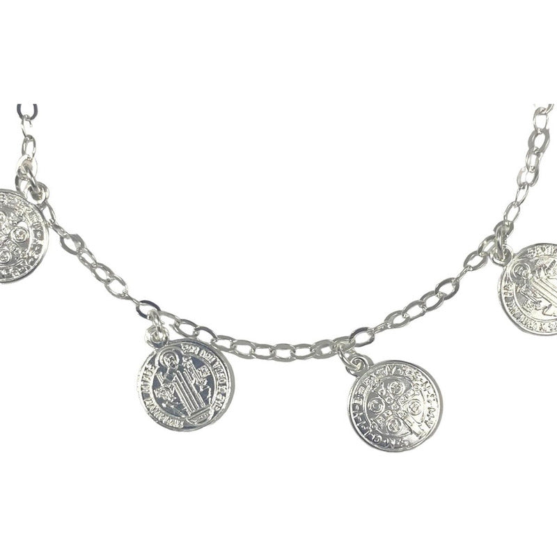 Pulsera Ajustable San Benito Pequeña Medallas Plata Ley 925