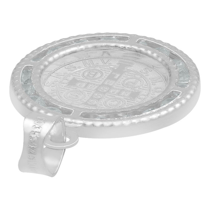 Dije Medalla Cruz San Benito Zirconias Plata 925 1.6 Cm Blanco