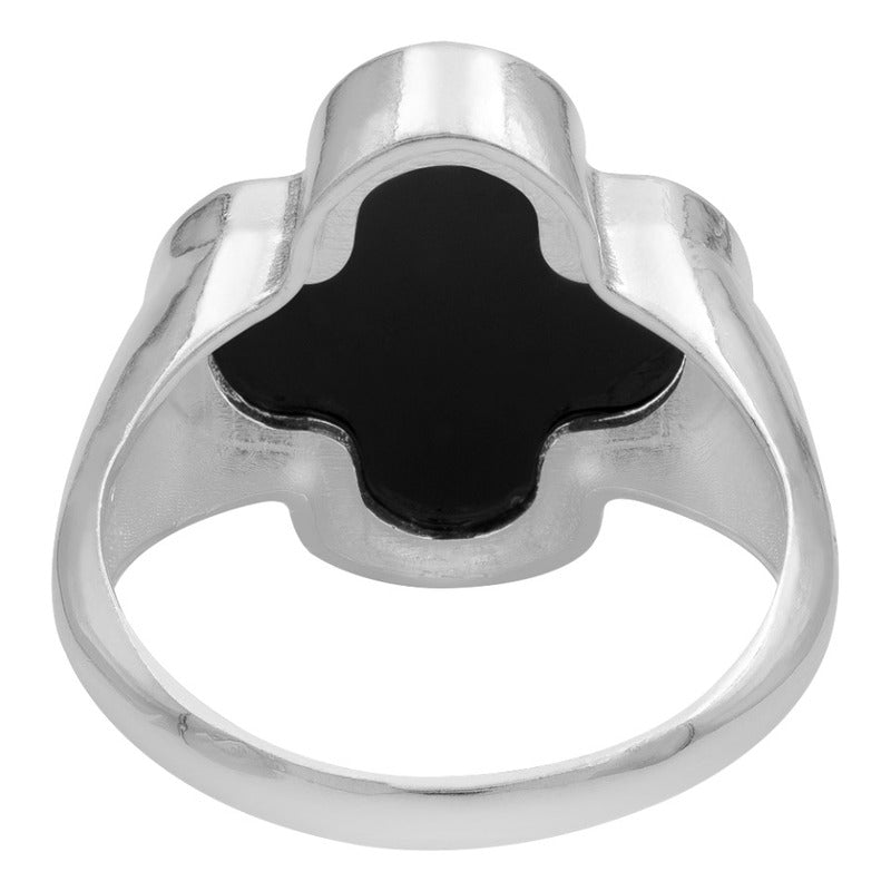 Anillo Grande Hombre Mujer Trebol Esmaltado Resina Plata 925 Negro 9.5