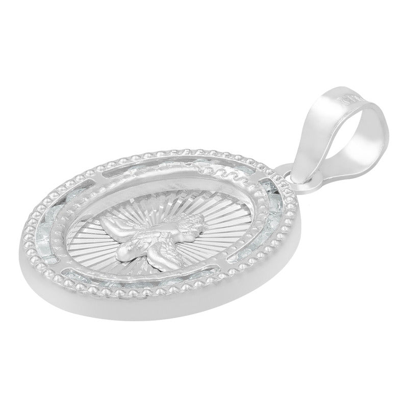 Dije Medalla Oval Espiritu Santo Zirconias Plata 925 1.4 Cm Blanco