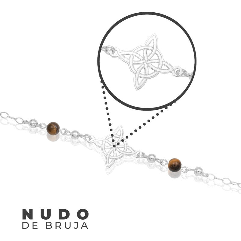 Pulsera Ajustable Mujer Nudo De Bruja Laser Bolas Plata 925 Café 6 Cm 20 Cm