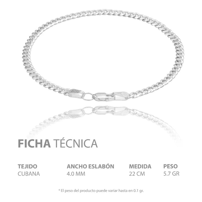 Pulsera Cubana Cerrada Hombre Mujer Regalo Plata S925 4 Mm Plateado 6 Cm 22 Cm