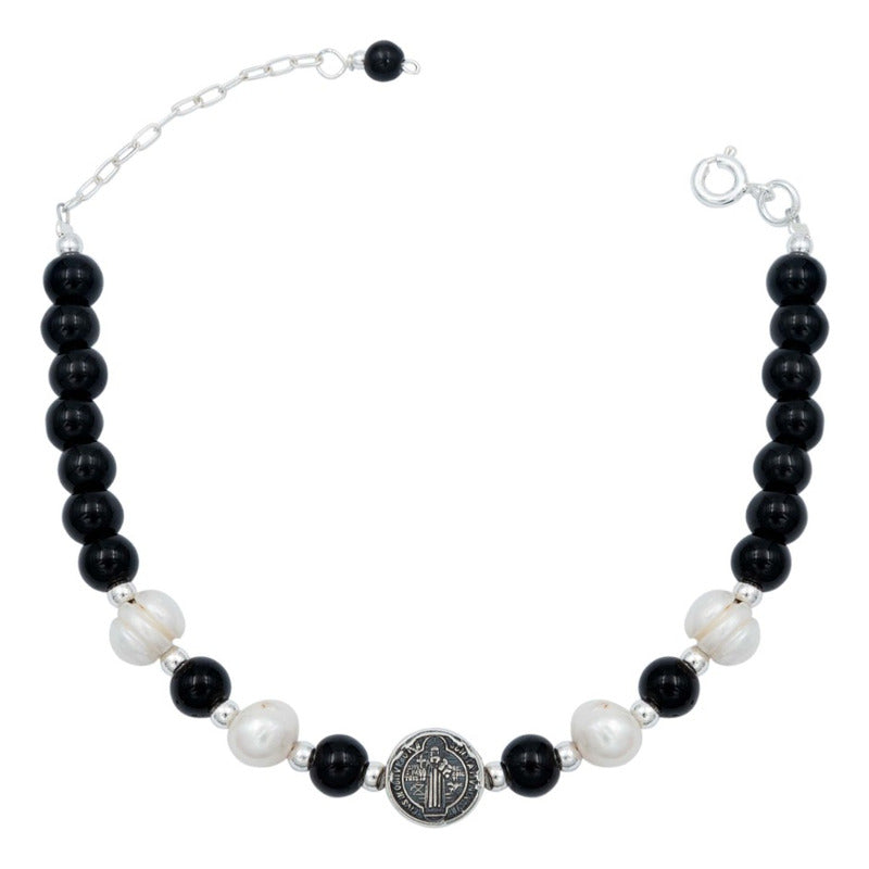 Pulsera Ajustable San Benito Bolitas Medalla Plata 925
