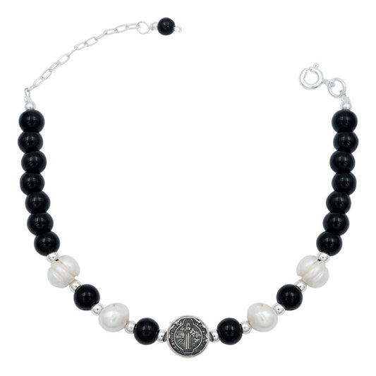 Pulsera Ajustable San Benito Bolitas Medalla Plata 925 Negro 6 Cm 20 Cm