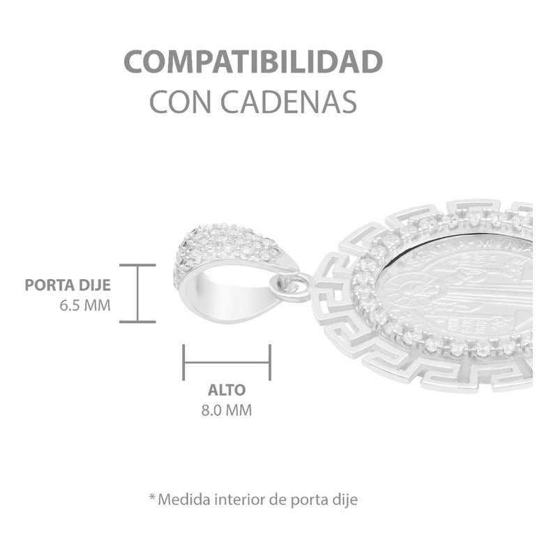 Dije Medalla San Benito Grecas Zirconias Plata 925 3.4 Cm Blanco