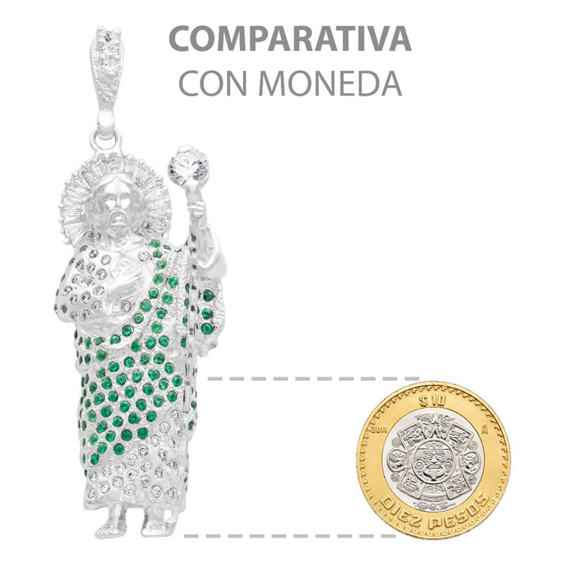 Dije 3d Medalla San Judas Tadeo Grande Zirconias Plata 925 Verde