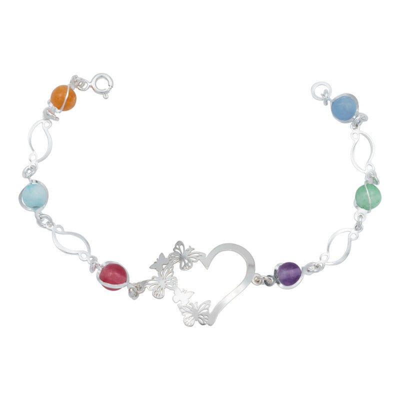Pulsera Corazón Mariposas Piedra Natural Cuarzo Plata 925