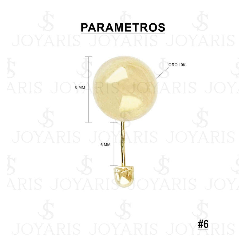 Arete Broquel Dormilona Bola Mujer Regalo #6 8 Mm Oro 10k