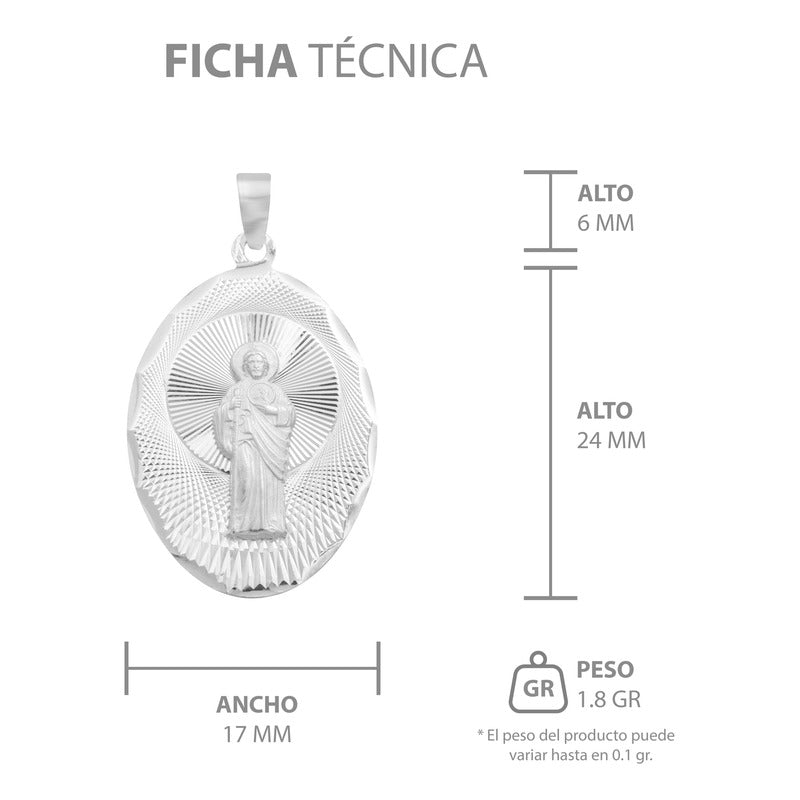 Dije Medalla Oval Diamantada San Judas Plata 925 1.7 Cm Plateado