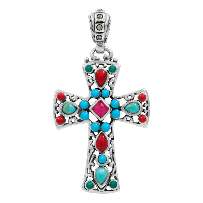 Dije Cruz Grande Plata 925 Piedra Natural Zirconia 4.3 Cm Fucsia