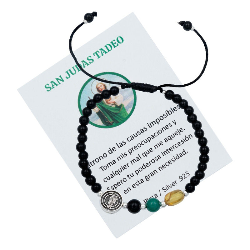 Pulsera Ajustable San Judas Medalla Bolitas Unisex Plata 925