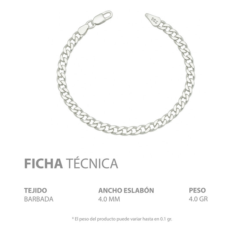 Pulsera Esclava Hombre Mujer Cubana Barbada Plata .925 4 Mm Plateado 6 Cm 21 Cm
