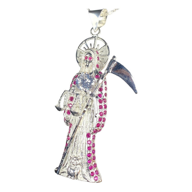 Dije Medalla Gigante Santa Muerte Con Zirconias En Plata 925